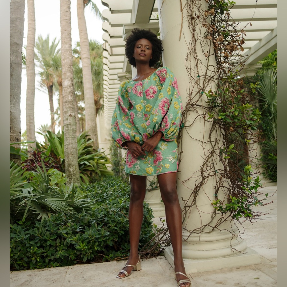 Green Floral Puff-Sleeve good luck Mini Dress Arianne elmy XSMALL